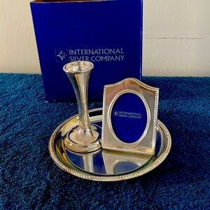 Silver plate Tray, Candle Holder, Picture Frame Wallet size